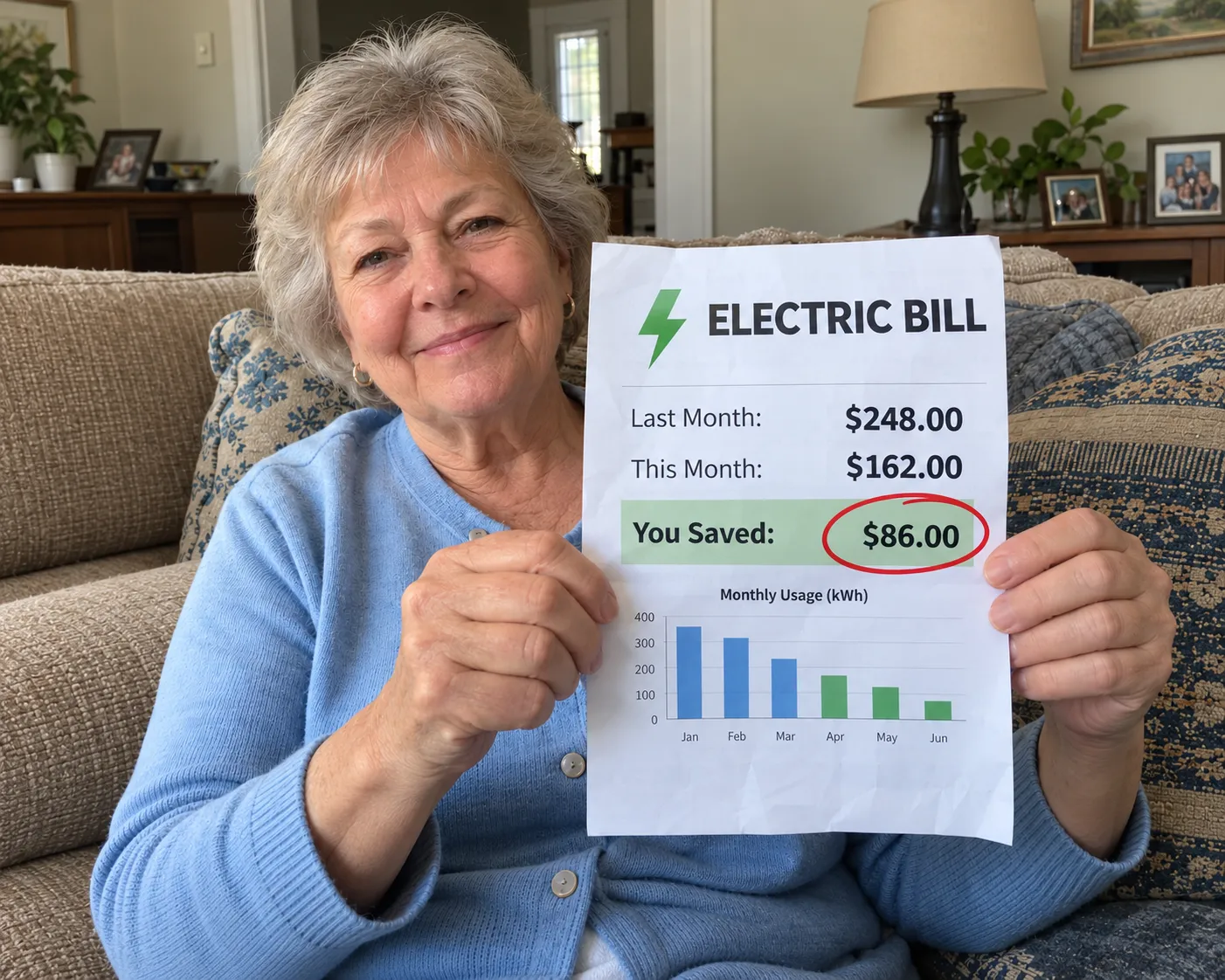 Margaret holding her electric bill showing $248 dropped to $162